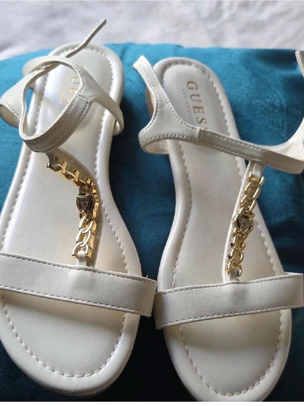 GUESS  T-Strap Sandals with Gold Chain Detail